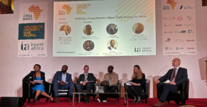 L-R - Michelle Chivunga N, Digital Trade Expert for AfCFTA and Chief Executive Officer & Founder, Global Policy House; Alex Okosi, Managing Director, YouTube EMEA, Emerging Markets, YouTube; Wayne Hennessy-Barrett, Chief Executive Officer, 4G Capital; Peter Njonjo, Chief Executive Officer, Twiga Foods; Toulay Oueslati, Head of Trade Finance & Commodity Trade Finance, Bank of Africa United Kingdom; and David Eurin, CEO, Liquid Dataport at Cassava Technologies; at The Africa Debate held at the Guildhall in London.