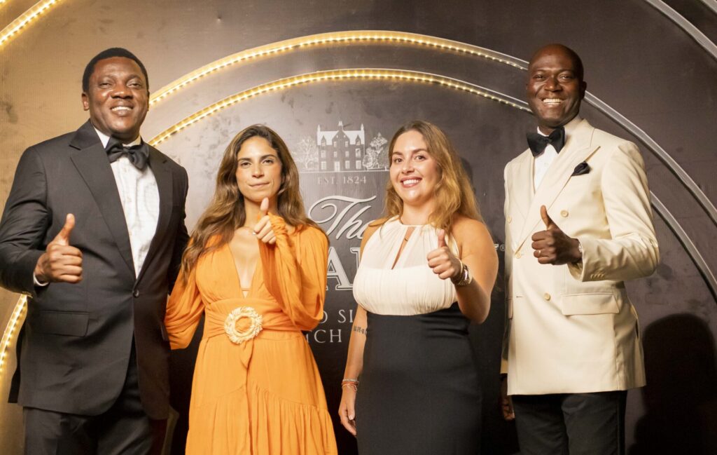 L-R: Abayomi Ajao, Customer Marketing Manager, West, Central and North Africa, Edrington; Caline Bader, Brand Manager, Ghana, Edrington; Sandra Gedeon, The Macallan Brand Ambassador for Lebanon, West, and Central Africa; and Compere Extraordinaire, Jerry Adjorlolo at The Macallan’s exclusive dinner at The Safari Valley Resort, Ghana.